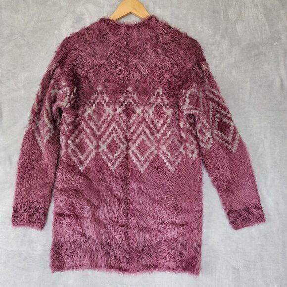 Eddie Bauer Cardigan Sweater Womens Medium Purple Eyelash Open Aztec Print Soft - Picture 9 of 9